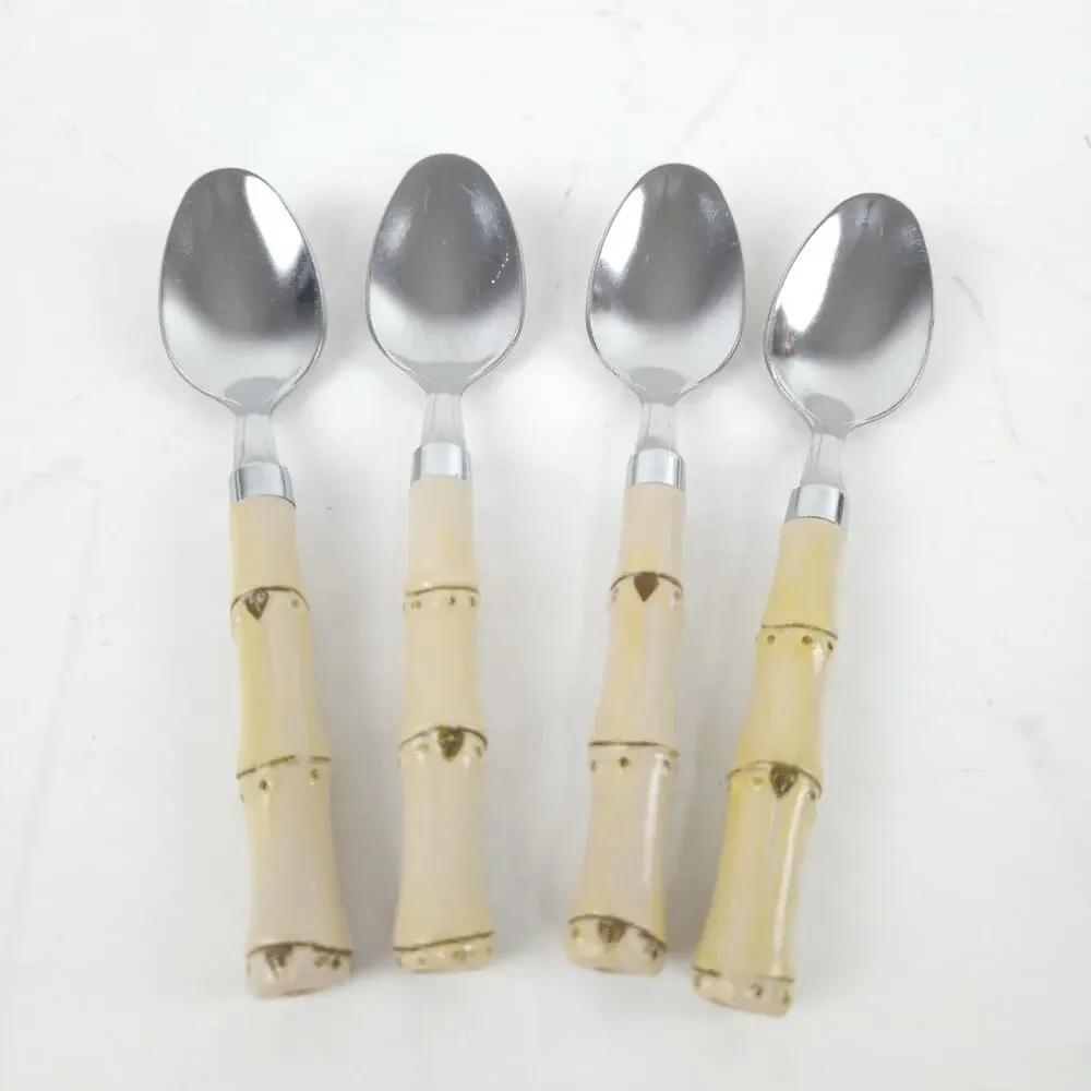 VTG Faux Bamboo Flatware Silverware 18-Set Plastic Stainless Steel Coastal Boho